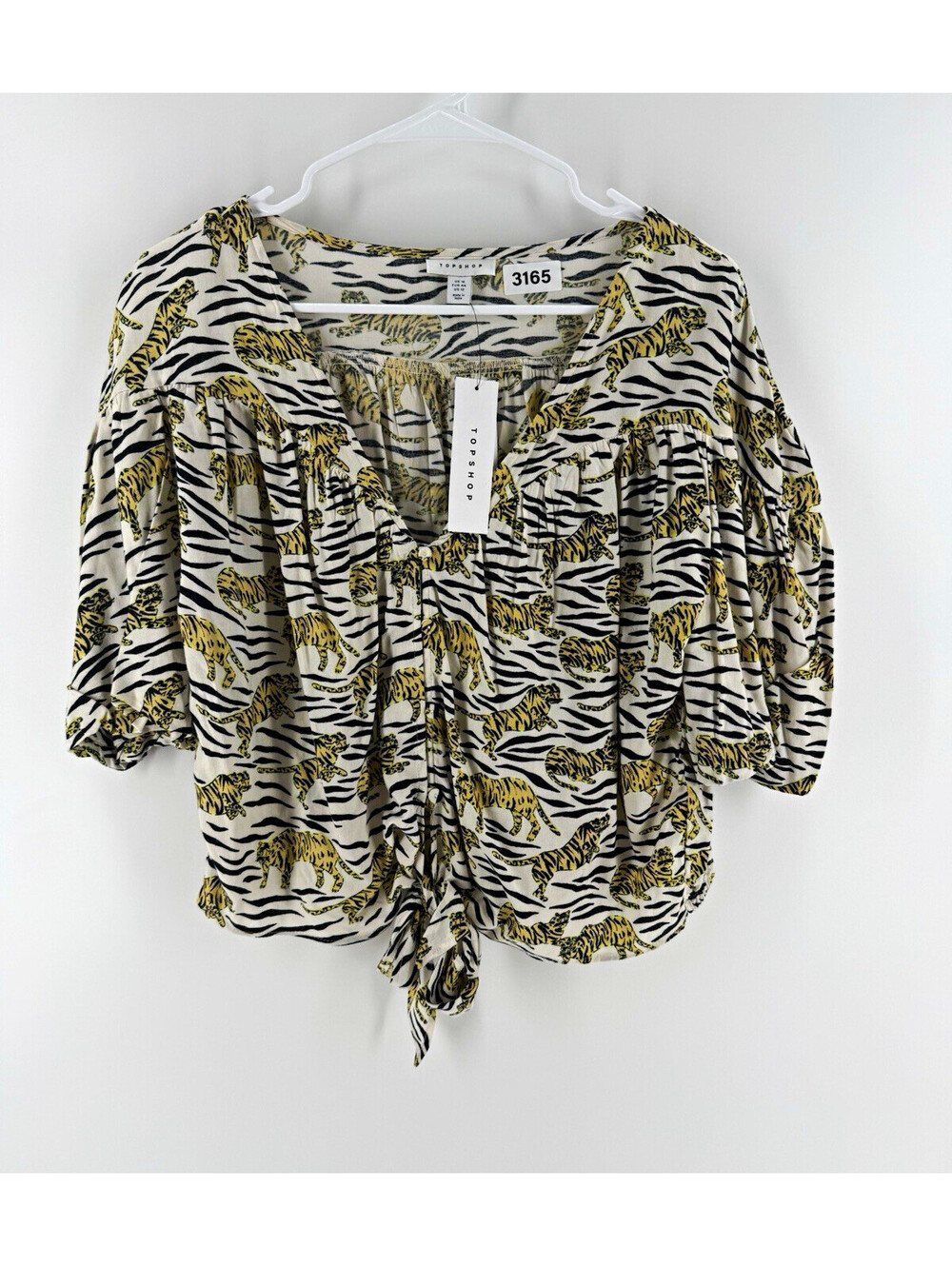 Topshop Tiger Animal Print Tie Front Cropped V-Neck Puff Sleeve Blouse US 12